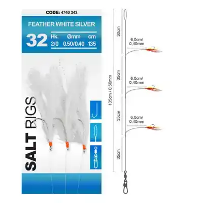 Feather White Silver - Salt Rig 32 - 6 haken